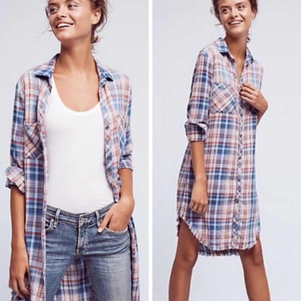 Cloth & Stone Plaid Frayed Hem Tunic